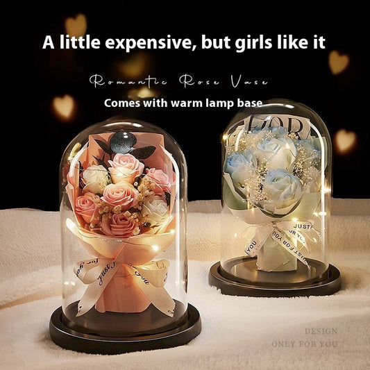 Luminous Rose Glass Cover Finished Product For Girlfriend Bouquet Birthday Gift Practical Decoration