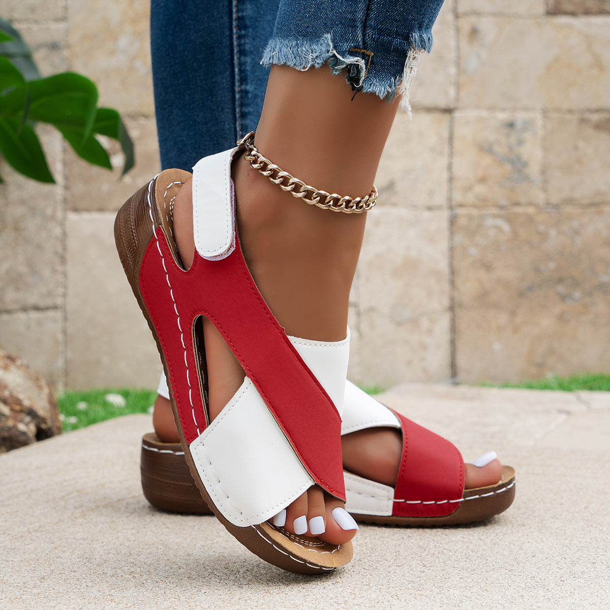 Summer Wedges Sandals with Color Block Cross-Strap Design