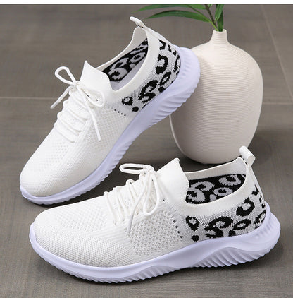 White Shoes Women Leopard Print Lace-up Sneakers