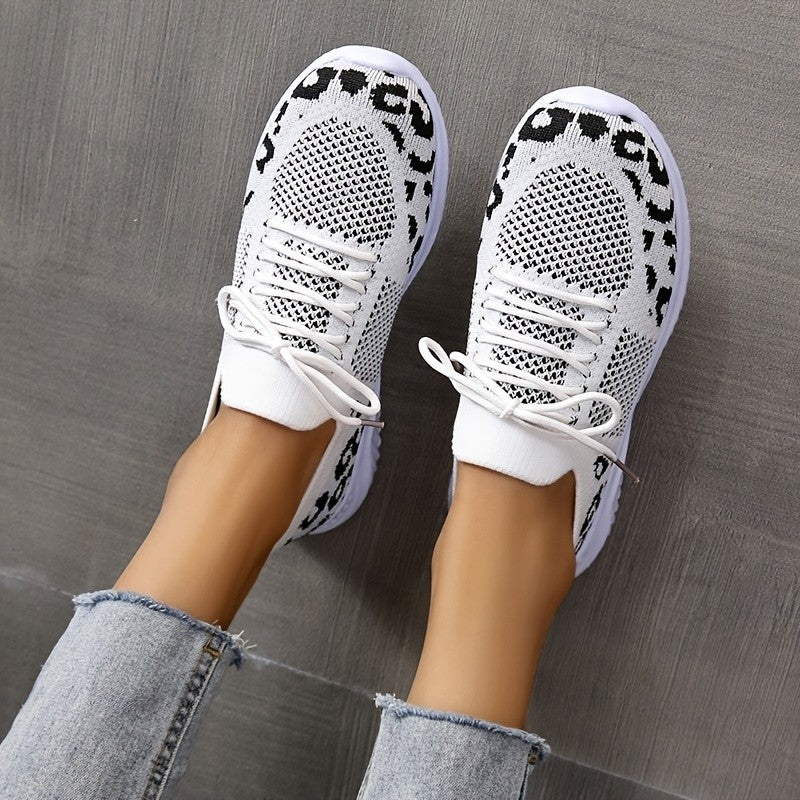 White Shoes Women Leopard Print Lace-up Sneakers