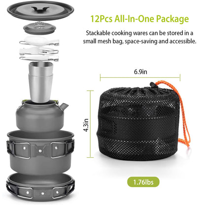 12Pcs Camping Cookware Set Aluminum Pot Pan Kettle Cup Fork Spoon Knife With Storage Bags For Hiking Picnic Outdoor