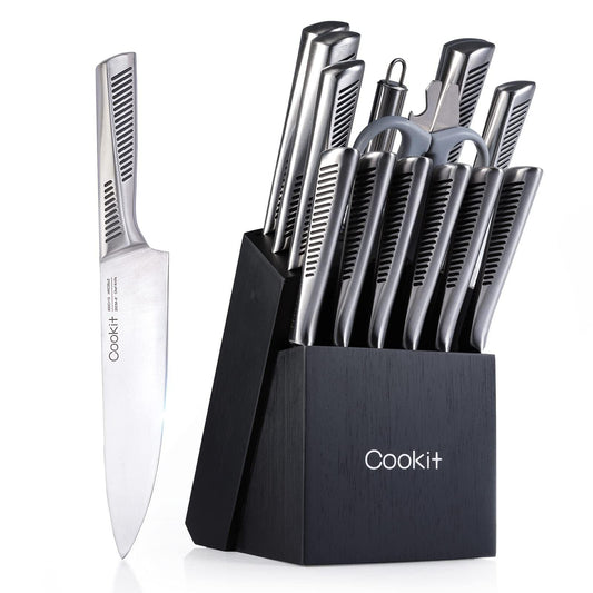 Kitchen Knife Set, 15 Piece Knife Sets with Block, Chef Knives with Non-Slip German Stainless Steel Hollow Handle Cutlery Set with Multifunctional Scissors Knife Sharpener Amazon Platform Banned - US Style Inc.