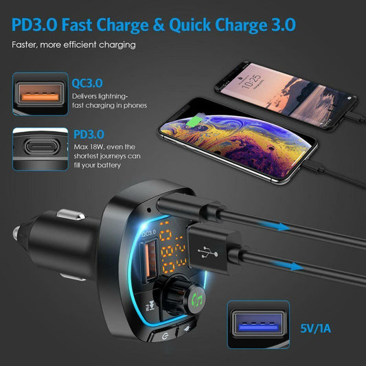 NEW FM Transmitter Bluetooth 5.0 Wireless Car 3USB Charger Handsfree Mp3 Player - US Style Inc.