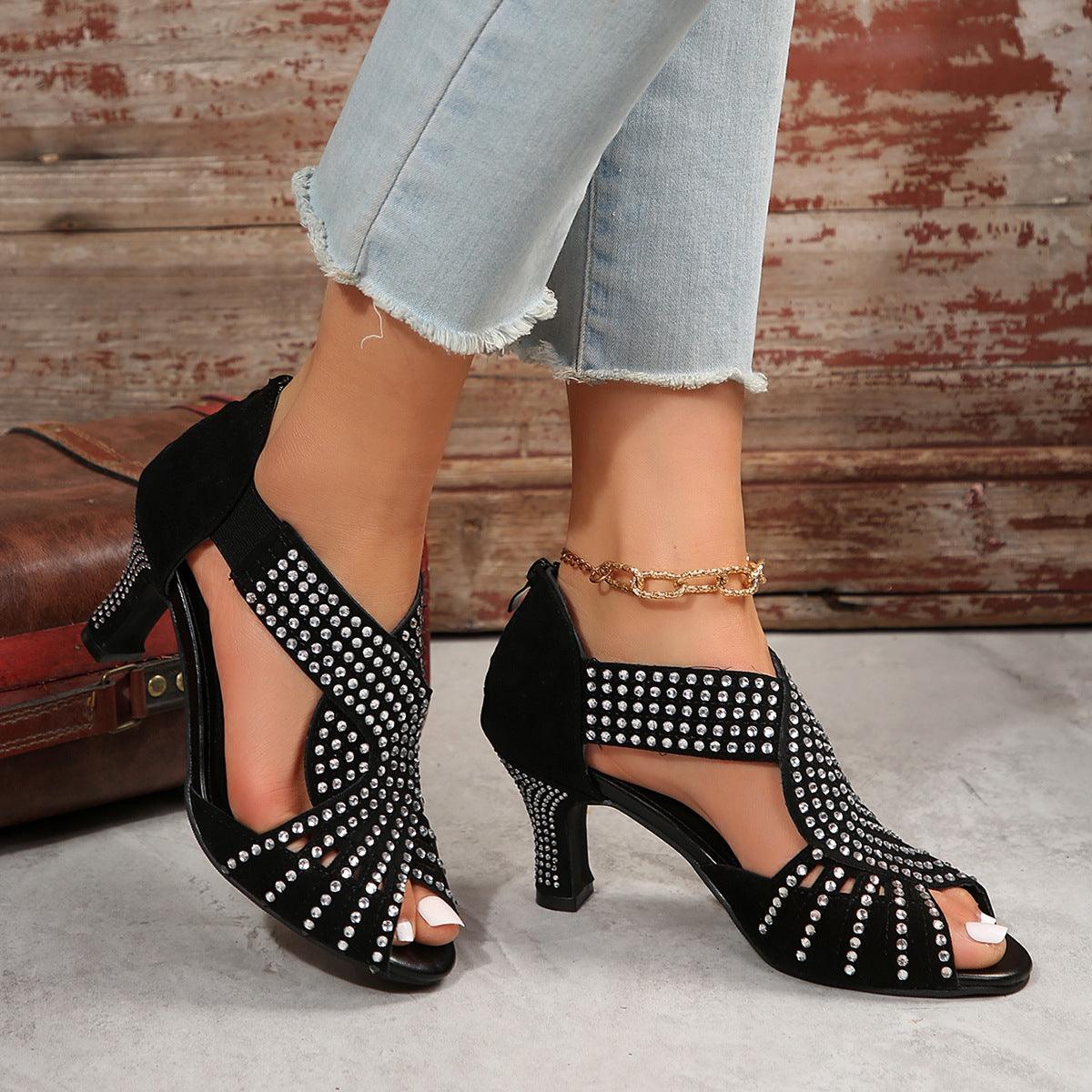 Spring And Summer New Rhinestone High-heeled Peep Toe Sandals - US Style Inc.