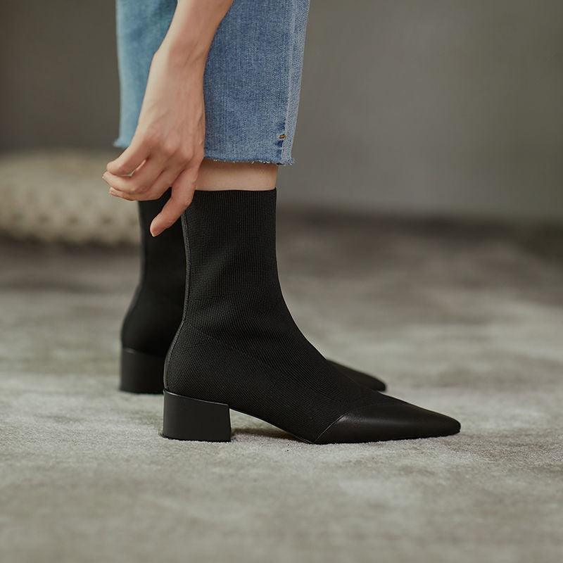 Women's Fashion Woolen Yarn Boots Pointed Chunky Heel Short Boots - US Style Inc.