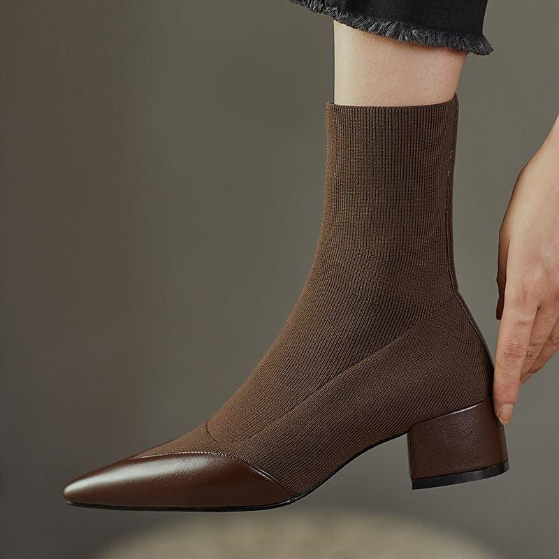 Women's Fashion Woolen Yarn Boots Pointed Chunky Heel Short Boots - US Style Inc.