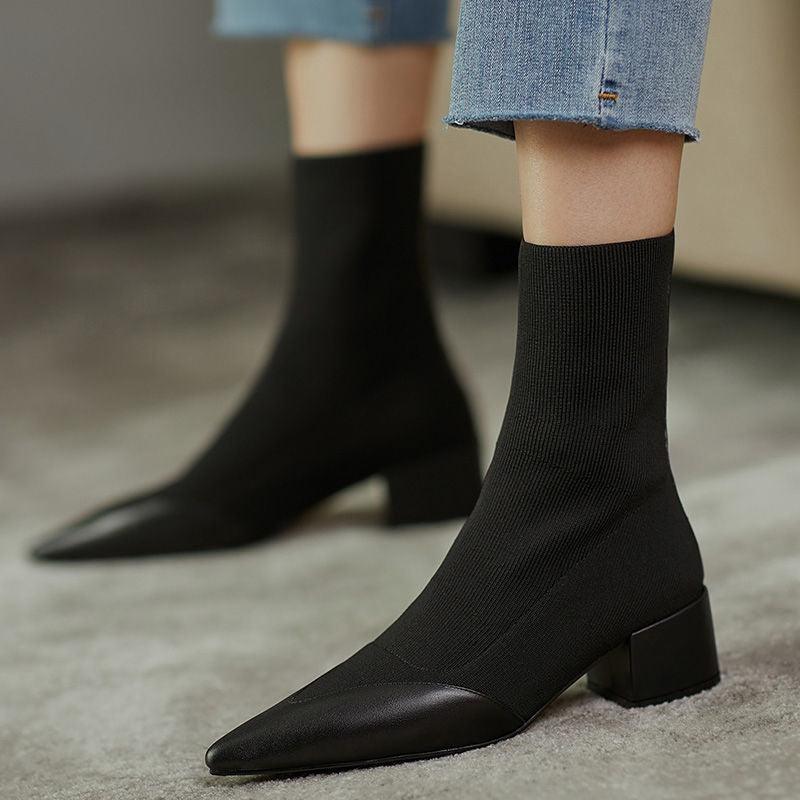 Women's Fashion Woolen Yarn Boots Pointed Chunky Heel Short Boots - US Style Inc.